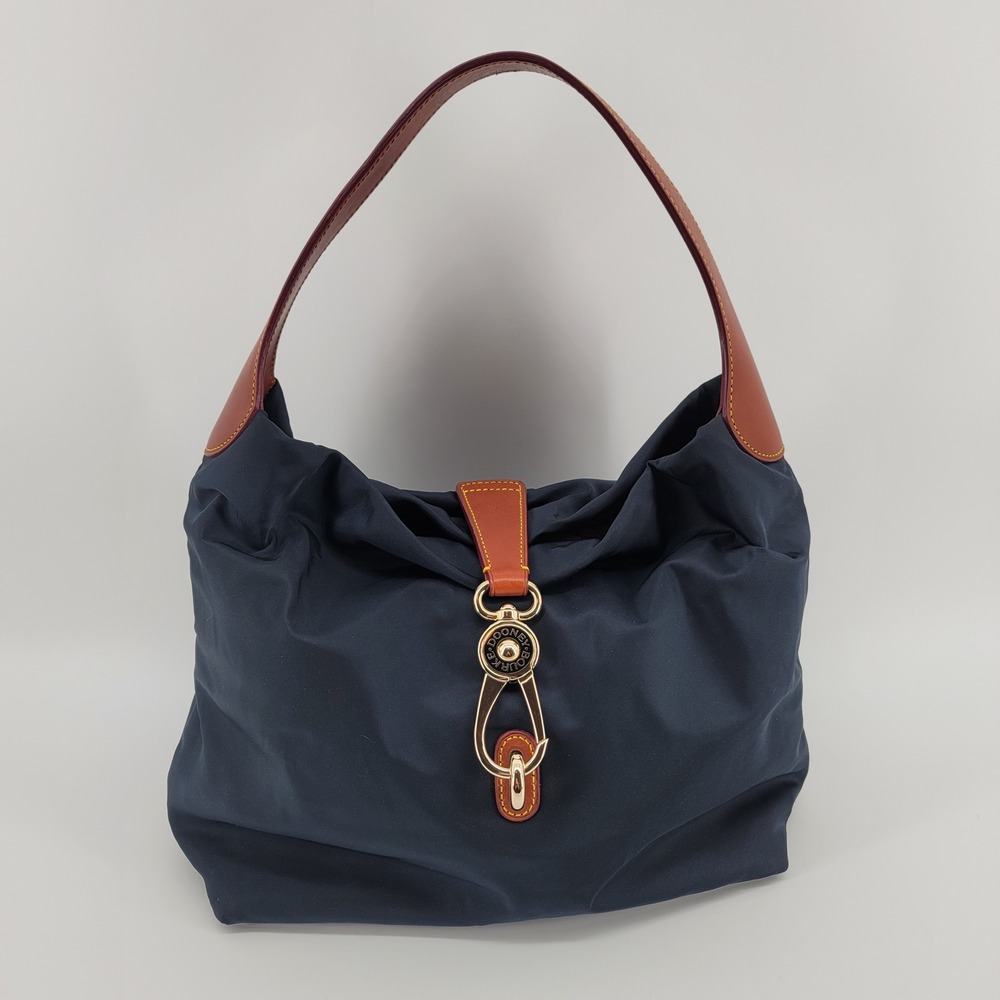 Dooney & Bourke Navy Nylon Leather Logo Lock Shoulder Hobo Bag